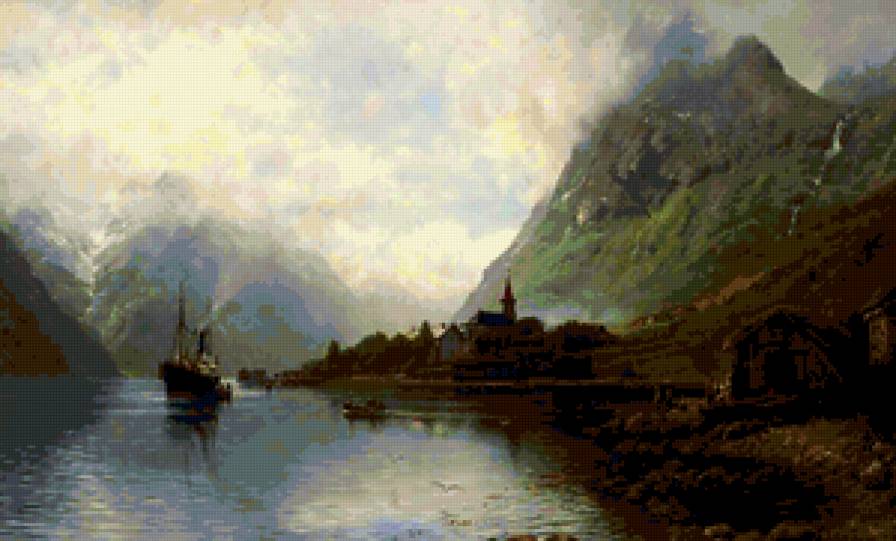 Порт в горах - город, горы, корабль, порт, пейзаж, река - предпросмотр