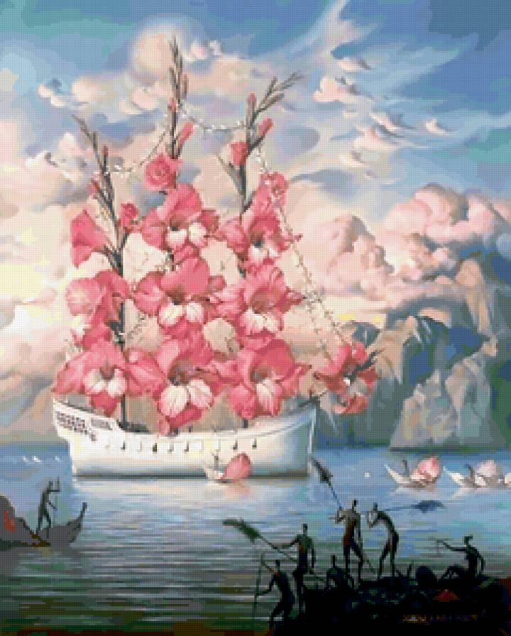 Корабль мечты - сказка, фэнтэзи, корабль, гладиолусы, цветы - предпросмотр