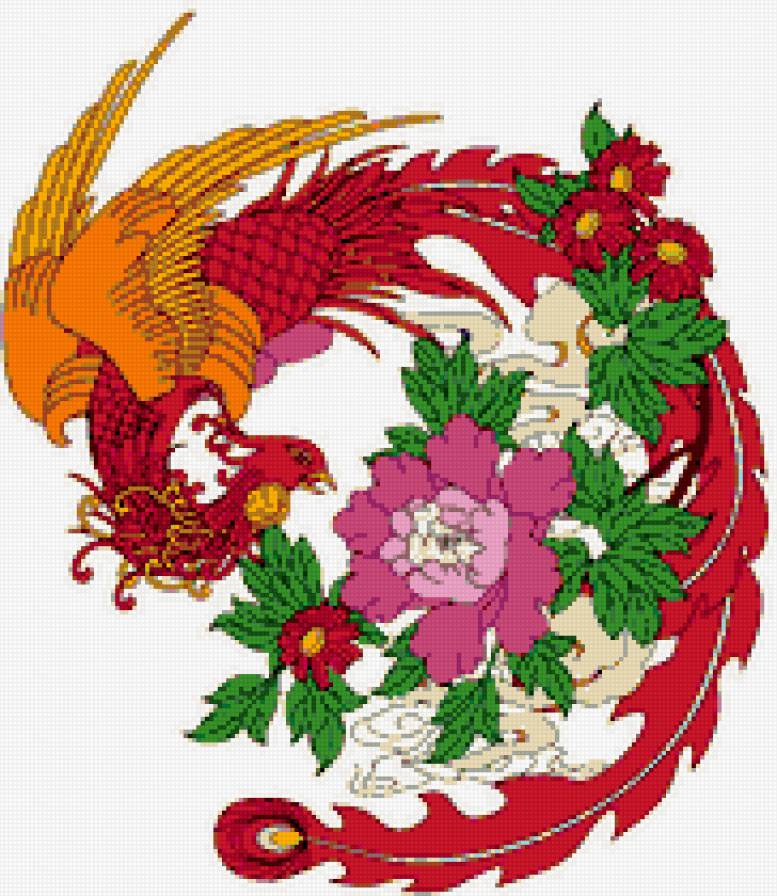 в китайском стиле - птица, цветы - предпросмотр