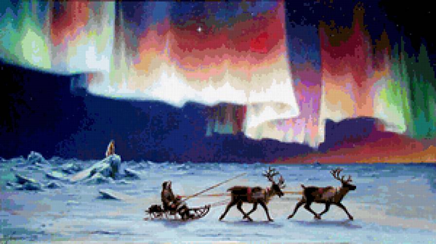 Северное сияние - эскимосы, северное сияние, олени, зима - предпросмотр
