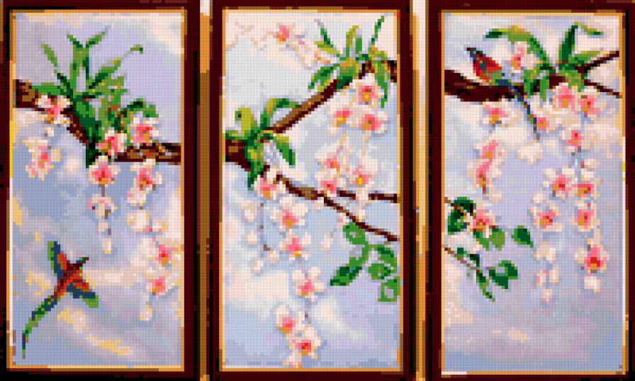 Триптих "Птички на сакуре" - сакура, ветка, триптих, птицы - предпросмотр