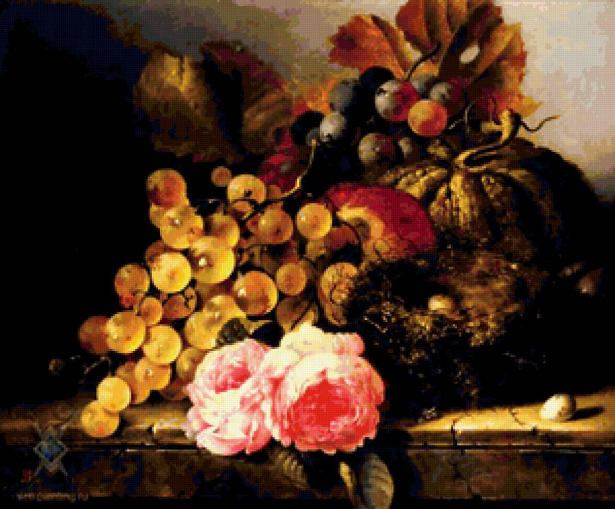№404636 - букет, натюрморт, эдвард лэйдл, цветы, фрукты - предпросмотр