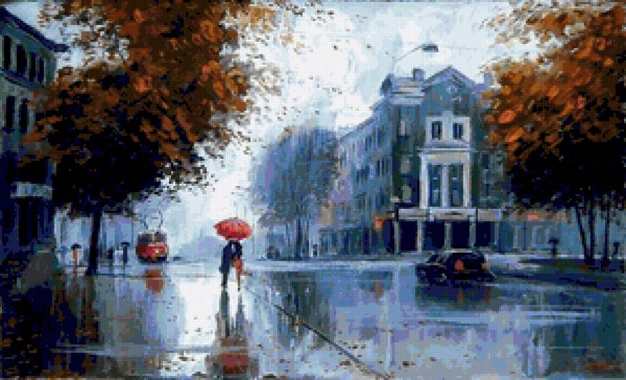 Под дождем 2 вариант - осень, двое, площадь, небо, дождь, лужи, дом - предпросмотр