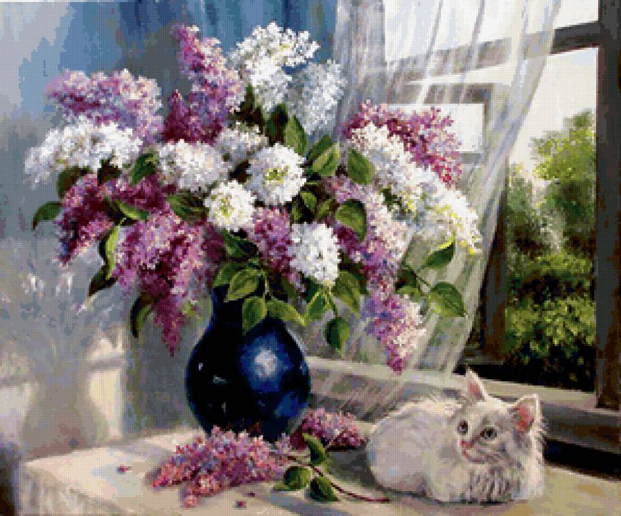 Натюрморт - цветы, кошка, натюрморт - предпросмотр