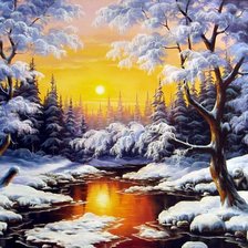Оригинал схемы вышивки «Пейзаж, лес, река, зима» (№406112)