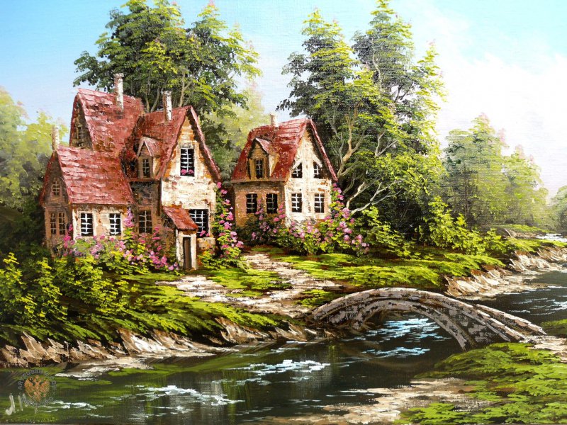 Дом у реки - домик, мост, река, пейзаж - оригинал