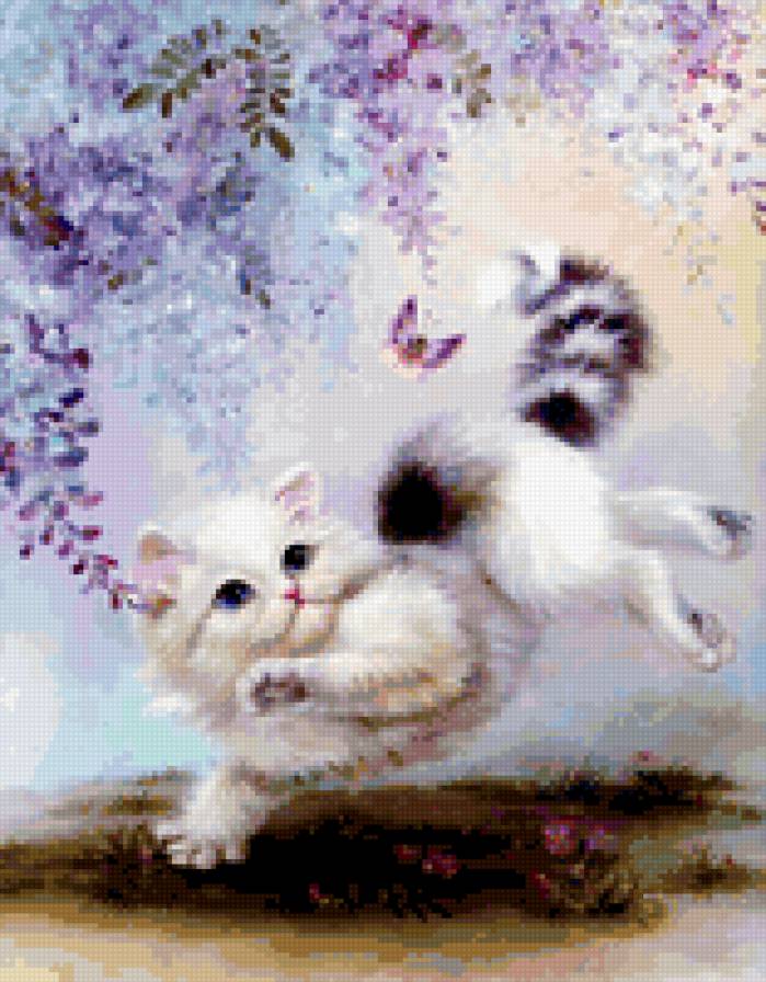 Белая кошечка - домашние животные, бабочка, цветы - предпросмотр