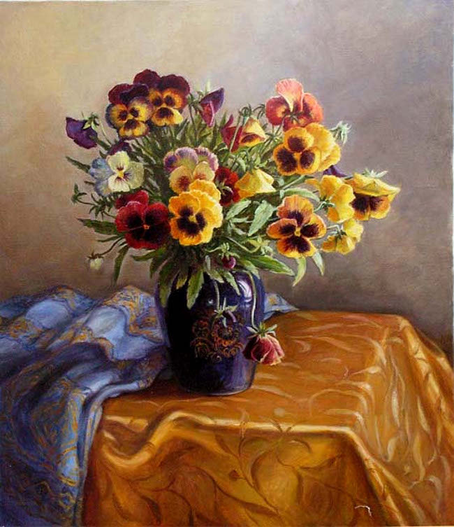 №406867 - натюрморт, букет, цветы, живопись, фиалки, шумакова елена - оригинал