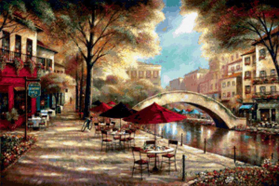 картина - мост, город, речка - предпросмотр