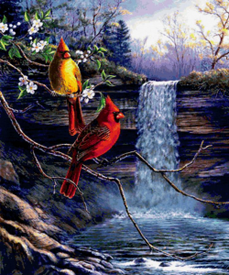 Птички у водопада - водопад, картина, птицы - предпросмотр