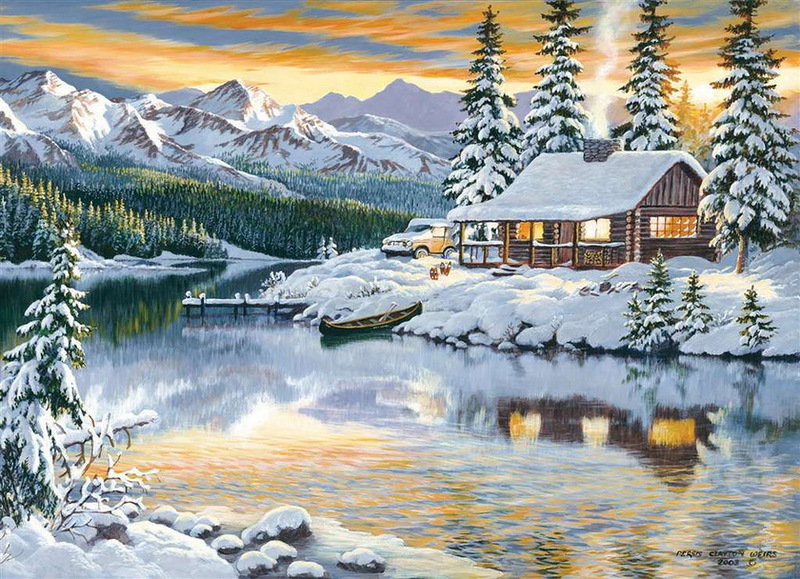 зимний пейзаж - природа, дом, лес, река, зима, снег - оригинал