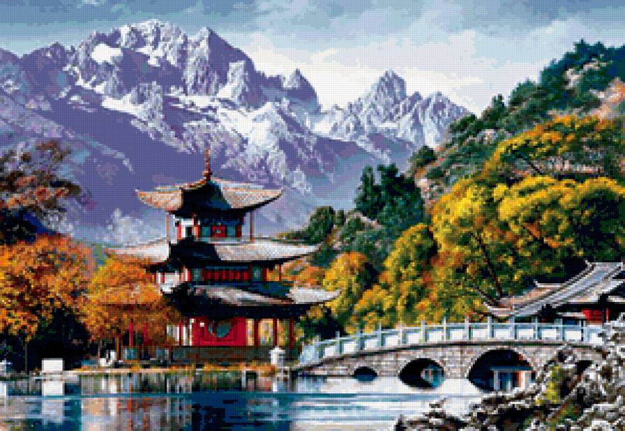 Пагода - мост, пагода, восток, город, горы, река, китай, пейзаж - предпросмотр