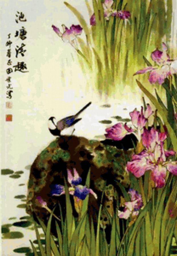 Ирисы - китайская живопись, цветы, китай, птица, ирисы, восток, пруд - предпросмотр