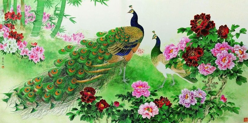 Павлины - китайская живопись, восток, китай, птицы, павлины - оригинал