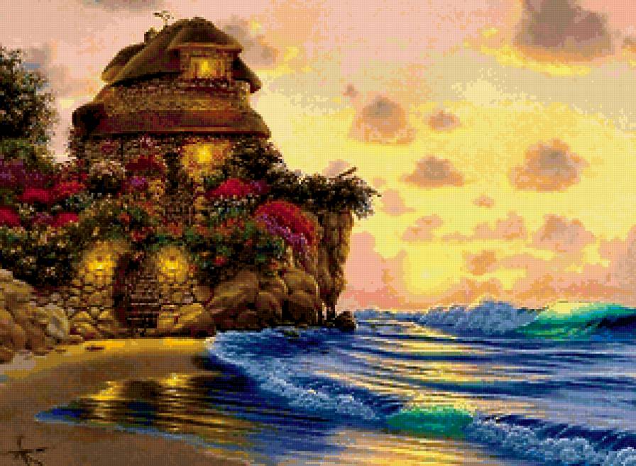 Домик на берегу - берег, закат, пейзаж, море, дом - предпросмотр