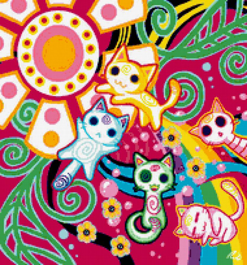 Коты - психоделия, цвета, коты, аниме - предпросмотр