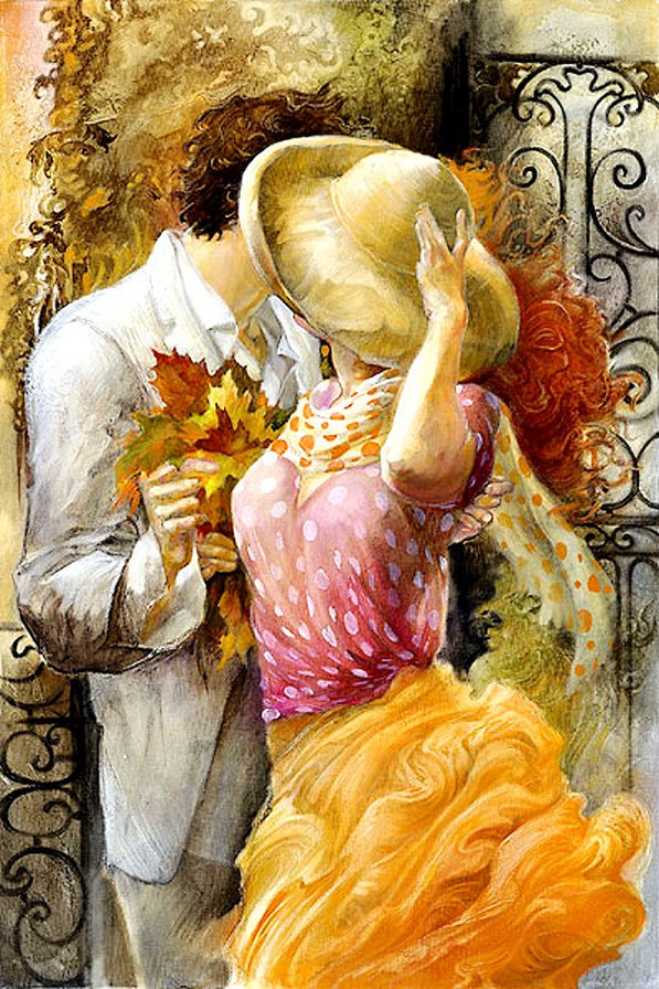 Осенний поцелуй - любовь, осень, пара, живопись, листья, двое, свидание, поцелуй - оригинал
