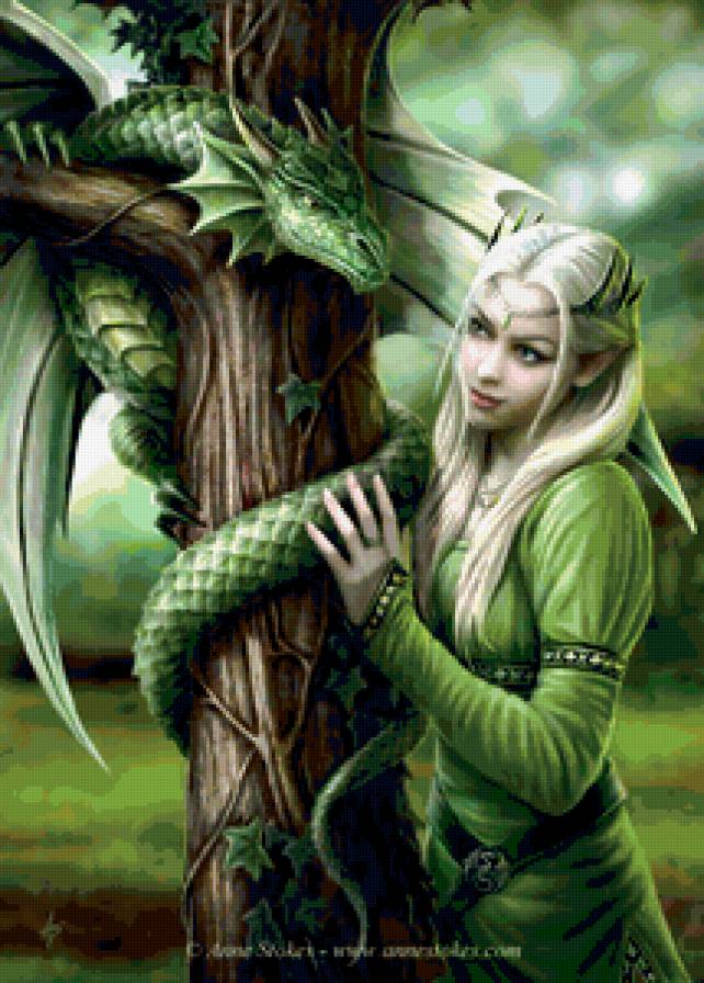 девушка с драконом - девушка, дерево, эльф, дракон - предпросмотр