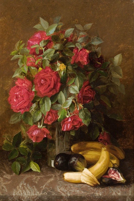 №409105 - цветы, розы, живопись, натюрморт, фрукты, букет - оригинал