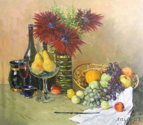 natyurmort s fruktami - букет, натюрморт, malyh evgeniy, виноград, живопись, цветы - оригинал