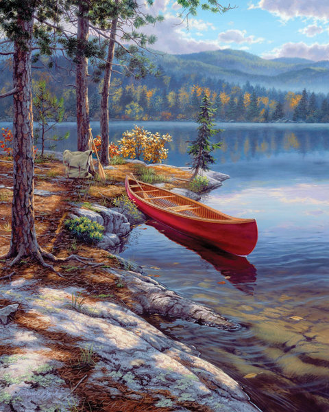 летний пейзаж - природа, вода, лодка, деревья, лето - оригинал