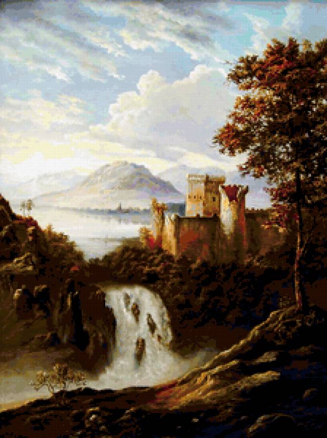 Замок над водопадом - горы, водопад, пейзаж, замок, озеро - предпросмотр