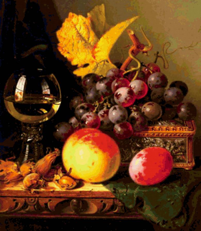 Натюрморт - виноград, вино, персик, натюрморт, фрукты - предпросмотр