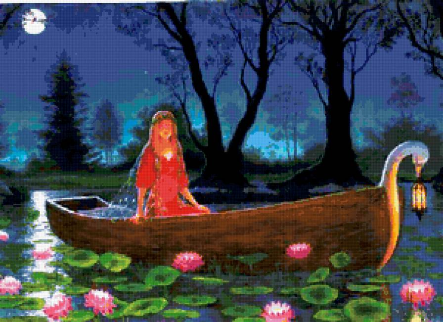 №411561 - , озеро, ночь, лодка, девушка, цветы, лилии - предпросмотр