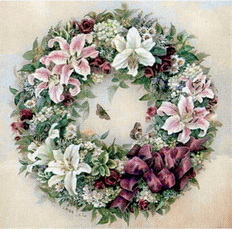 венок 2 - цветы, венок, бабочки, подушка - предпросмотр