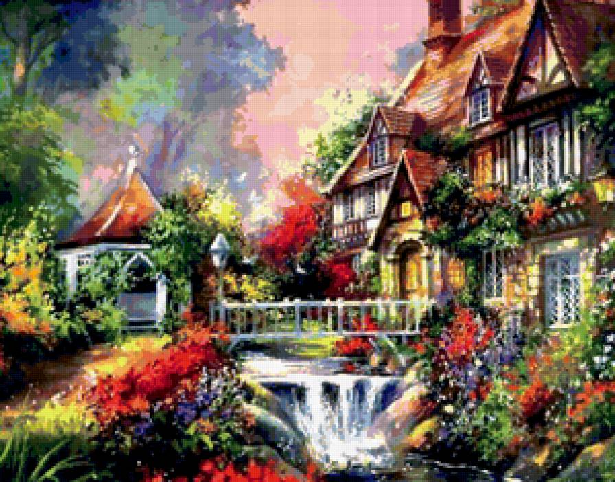 Усадьба с рекой - река, сад, пейзаж, дом - предпросмотр