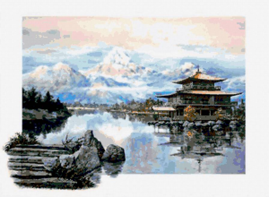 Пагода у горного озера - природа - предпросмотр