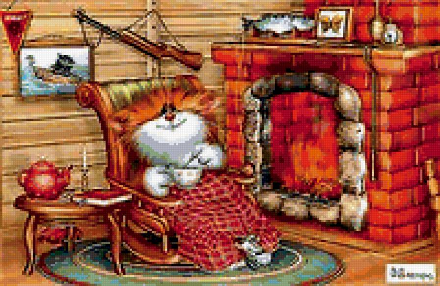 домашний  кот - уют в доме, домашние животные, кот, камин - предпросмотр