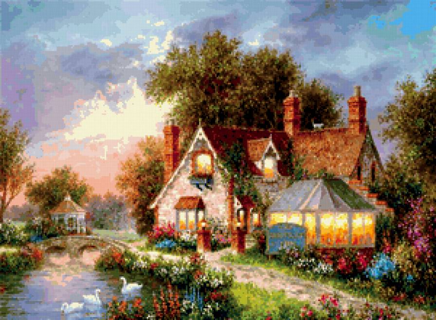 Домик - река, пейзаж, дом, сад - предпросмотр