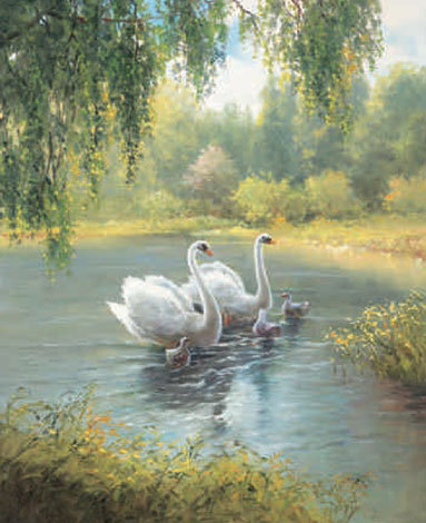 Лебединое семейство - лебеди, птицы, пейзаж, озеро - оригинал