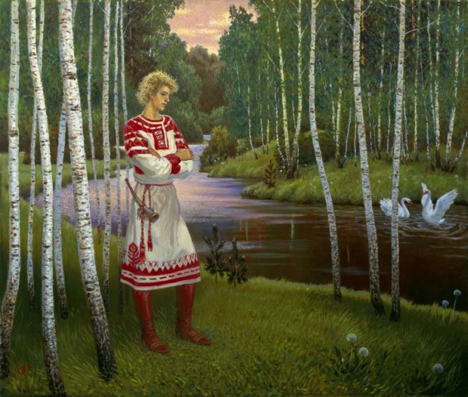 Лель - река, мужчина, лес, сказка, березы, лебеди - оригинал