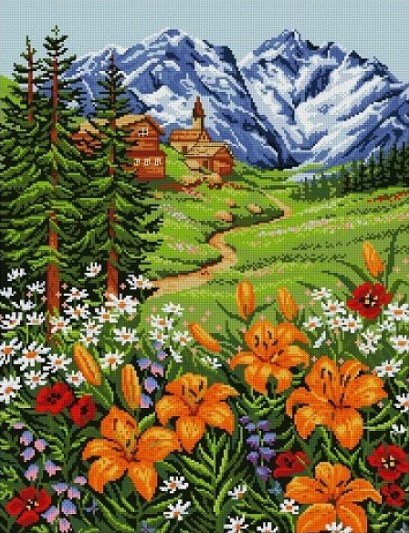 пейзаж - цветы и горы - пейзаж - оригинал