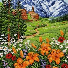 Оригинал схемы вышивки «пейзаж - цветы и горы» (№413010)