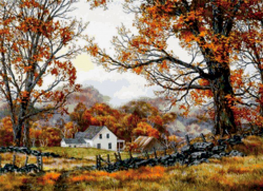 осенний пейзаж - природа, пейзаж, осень, живопись, домик - предпросмотр