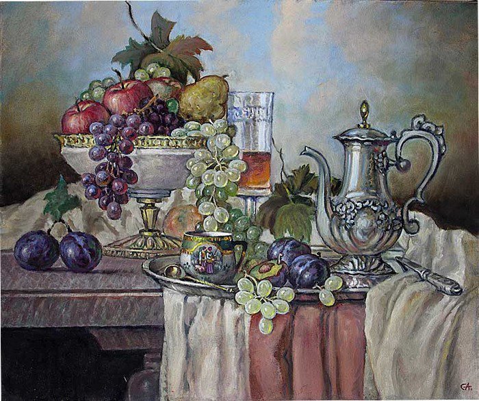 серия ,,натюрморт" - натюрморт.виноград.вино.фрукты - оригинал