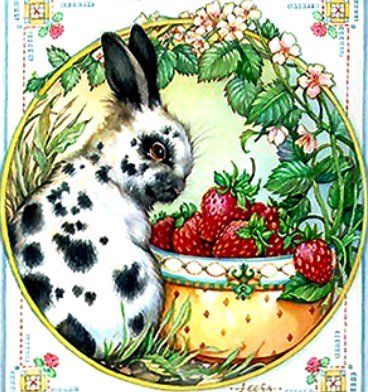 Зайчик и земляника - зайчик, цветы, корзина, заяц, клубника, ягоды, зайчики - оригинал