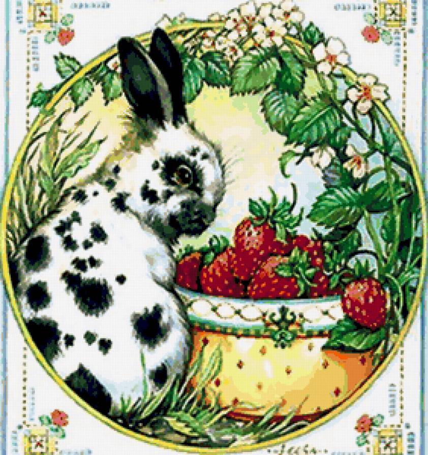 Зайчик и земляника - заяц, корзина, клубника, ягоды, цветы, зайчик, зайчики - предпросмотр