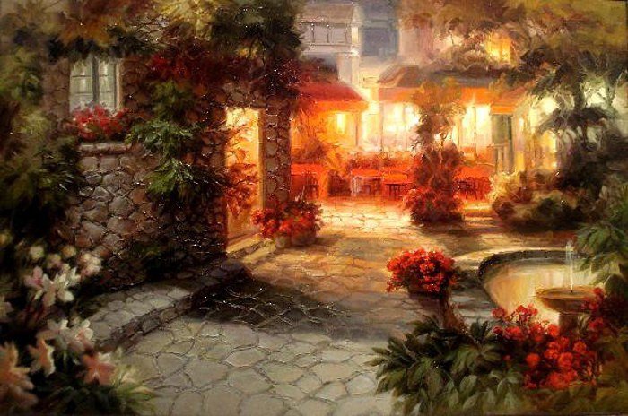 Дворик - улица, двор, фонтан, пейзаж - оригинал