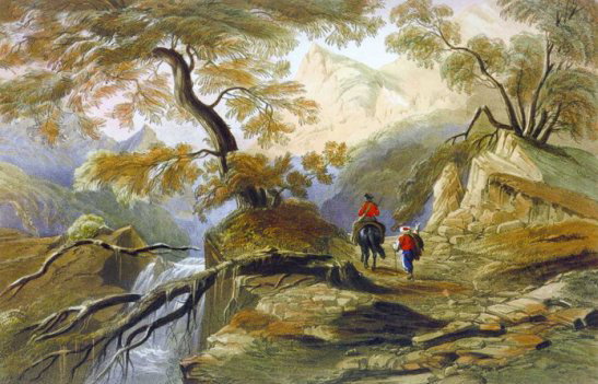 Путешественники - водопад, пейзаж, горы, лес, река - оригинал