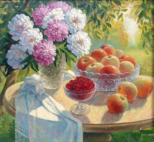 Дачный столик - солнце, яблоки, лето, пионы, дача, букет - оригинал