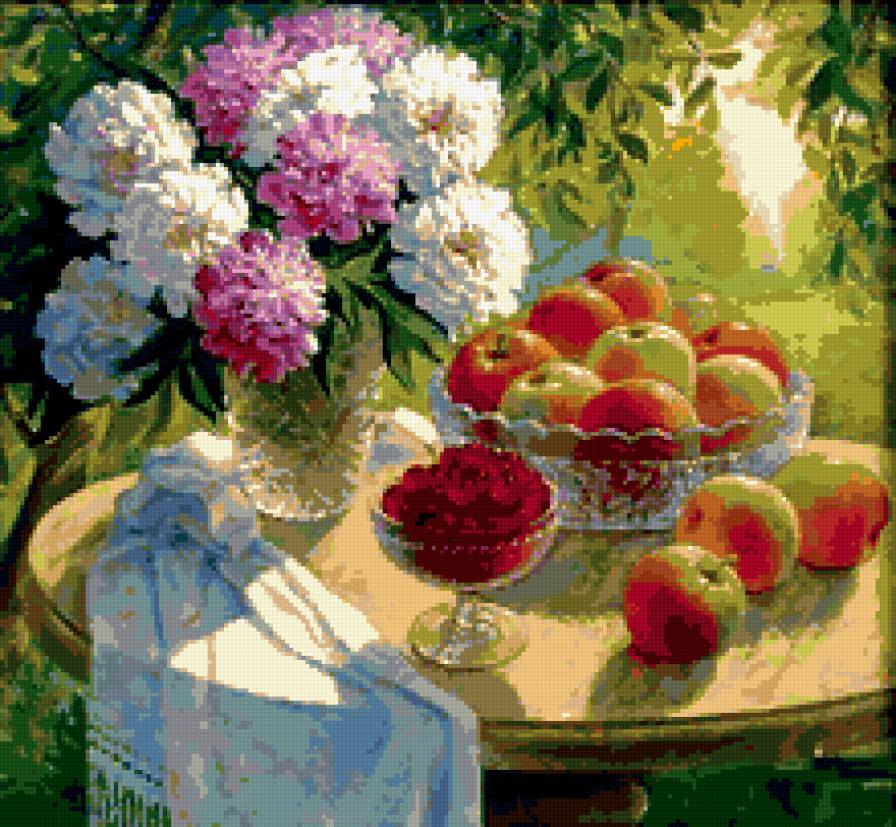 Дачный столик - дача, пионы, яблоки, солнце, букет, лето - предпросмотр