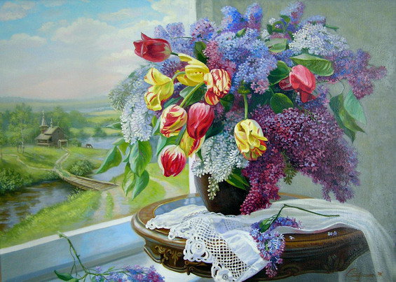 Летний букет - ваза, натюрморт, тюльпаны, букет, цветы, сирень - оригинал