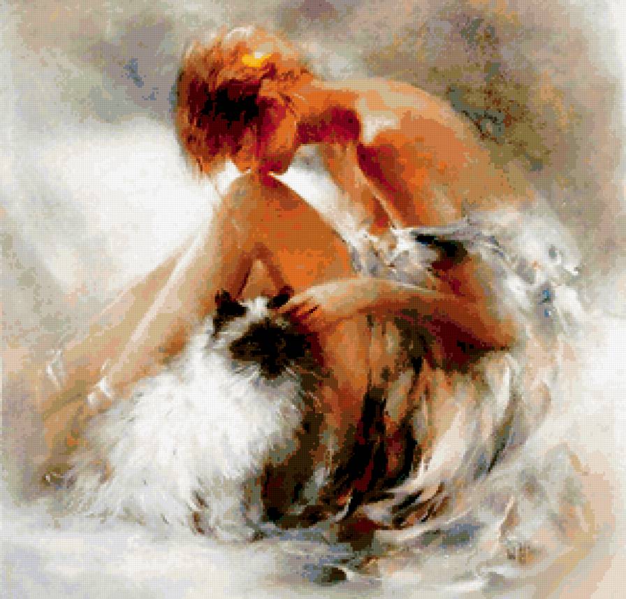 Девушка с кошкой - девушка, кошка, картина, животные - предпросмотр