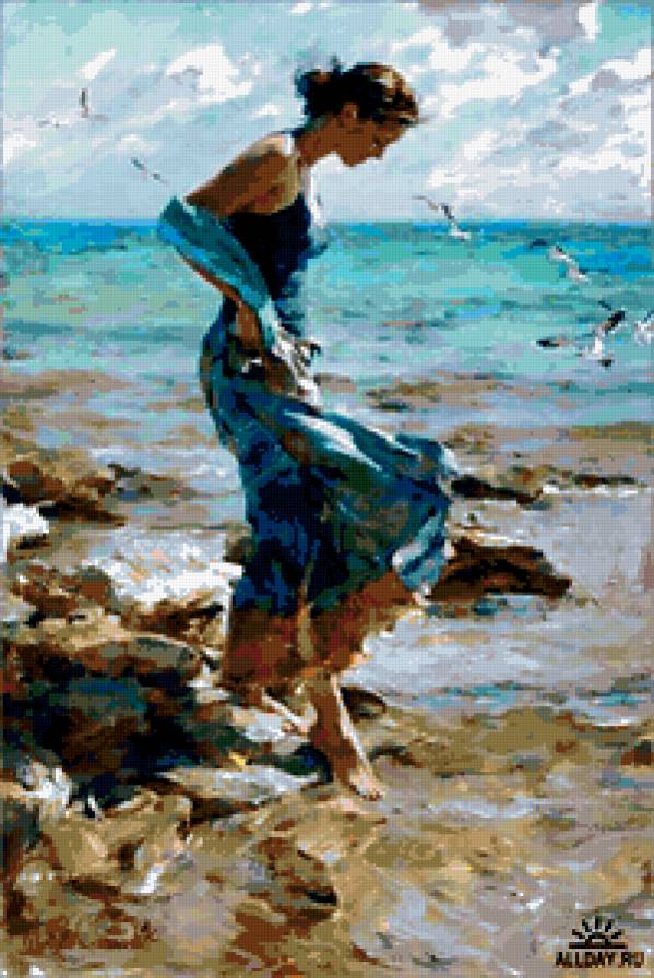 Девушка у моря - девушка, чайки, море, пляж - предпросмотр