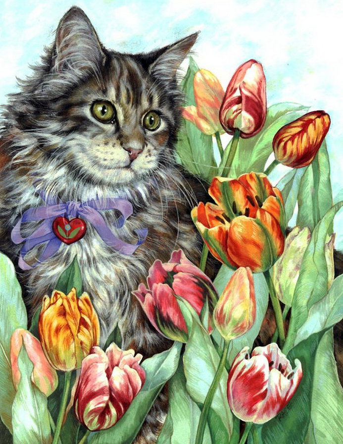 кошка и тюльпаны - оригинал