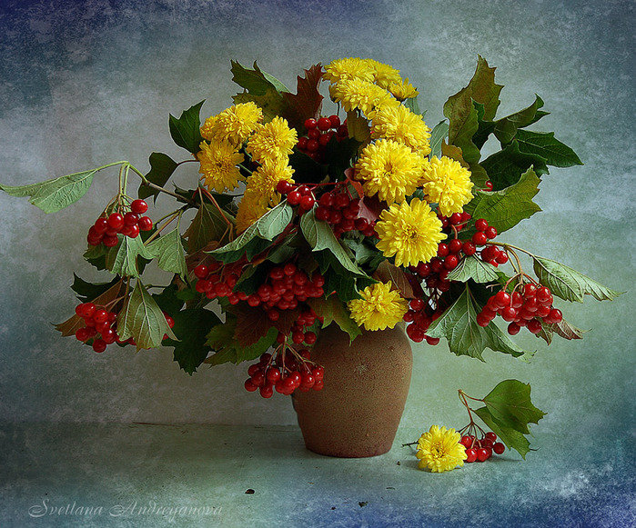 Серия "Букет" - ягоды, цветы, золотые шары, рябина, букет - оригинал